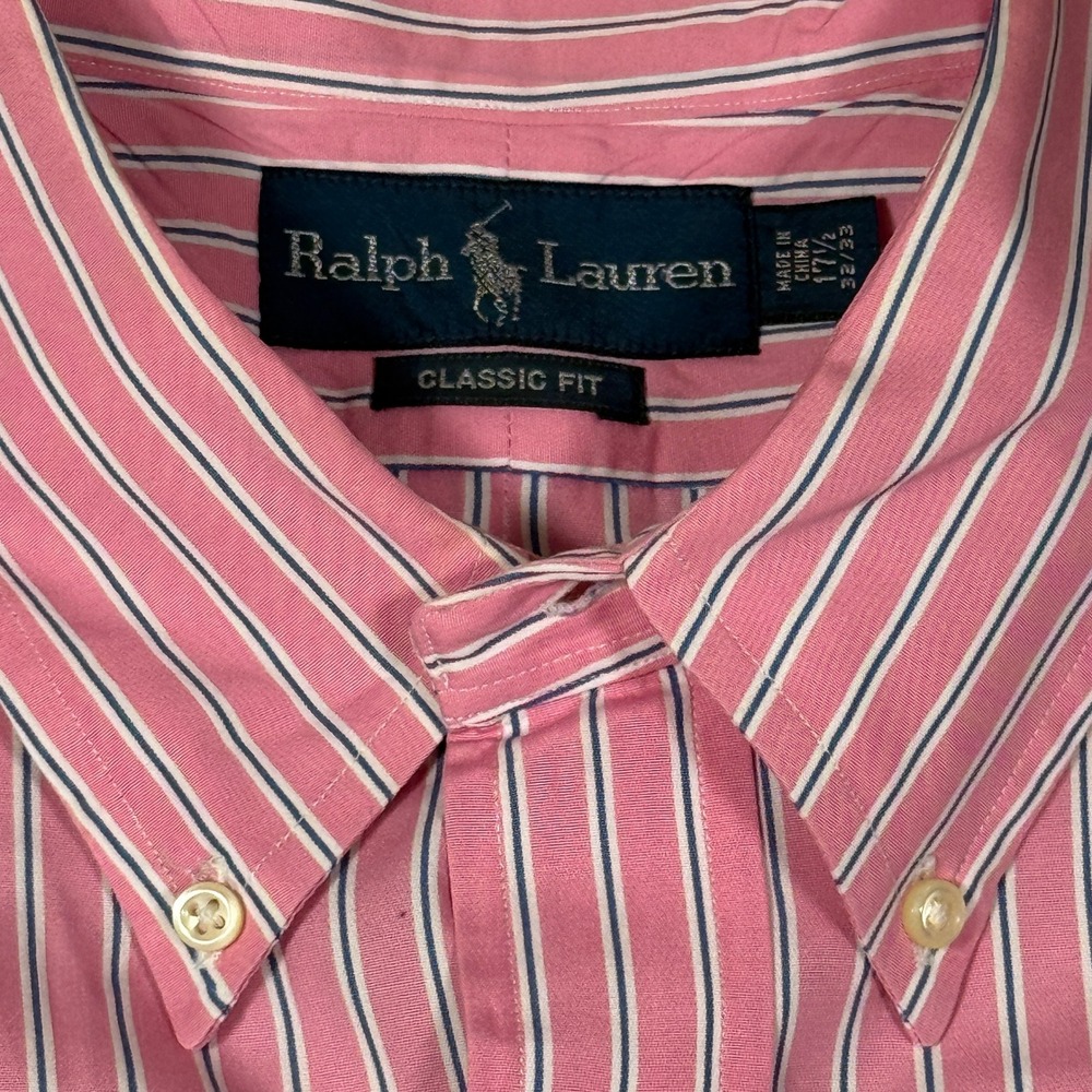 Ralph Lauren Mens Classic Fit Striped Button Down Shirt Pink White 17.5 32/33 - Picture 3 of 8